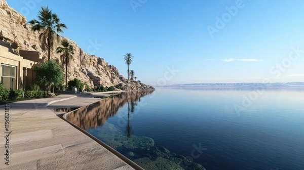 Fototapeta Serene desert oasis reflecting in calm water