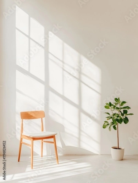 Fototapeta Minimalism in a Sunlit Home Office Minimalism with a White Desk, Single Chair, and Potted Plant