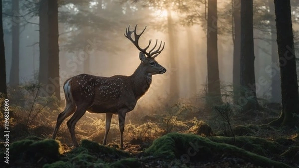 Fototapeta A deer stands gracefully in a misty forest, illuminated by soft sunlight filtering through trees.