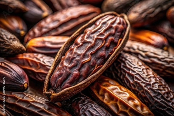 Fototapeta Aromatic tonka bean, captured in macro detail; minimalist food photography emphasizing texture and form.