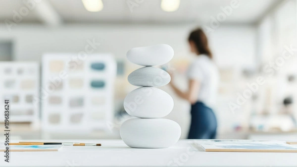 Fototapeta Sculpture Workshop Themed, minimalist sculpture of stacked stones in creative workspace