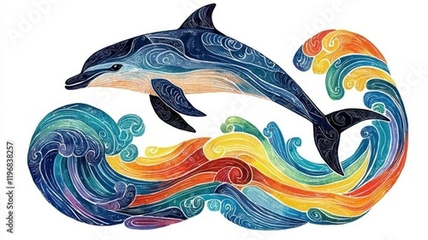 Obraz Colorful Dolphin Swimming Through Vibrant Waves in Artistic Style