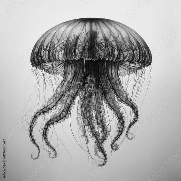 Fototapeta A black-and-white sketch of a jellyfish with intricately shaded tentacles on a clean white backdrop.