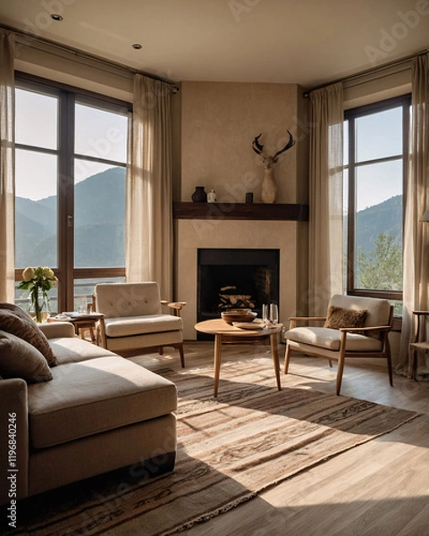 Fototapeta Stylish and elegant European living room with beige sofa rustic wood table fireplace and captivating mountain views Interior Design Inspiration