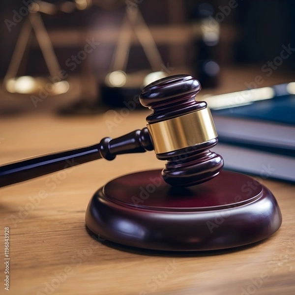 Fototapeta Gavel with scales of justice and books in background. Concept of justice.