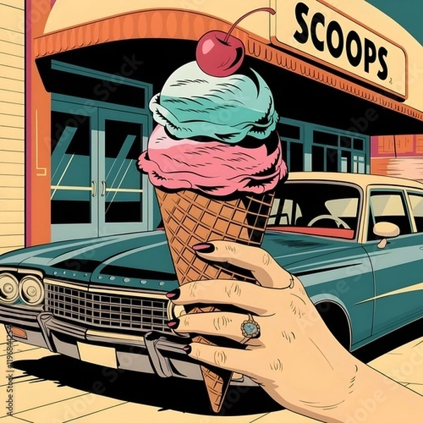 Fototapeta Vintage styled graphic of a woman's hand holding a ice cream cone. Classic American styled muscle car in-front of ice cream parlor.