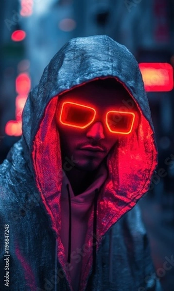 Fototapeta Man wearing neon glasses in an urban setting at night