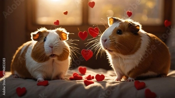 Fototapeta Two guinea pigs surrounded by floating red hearts, conveying a theme of love and affection.