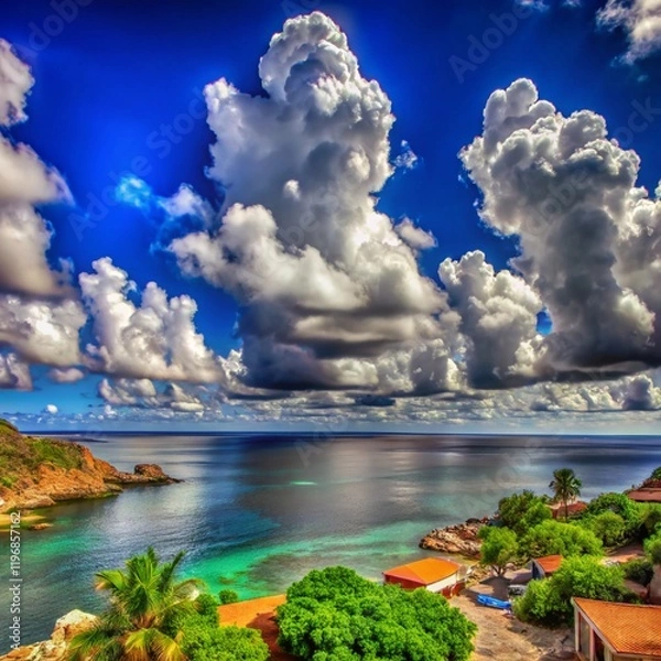 Fototapeta Serene Coastal Escape: Azure Sea Meets Majestic Clouds, Peaceful Ocean View, Tranquil Seascape,     