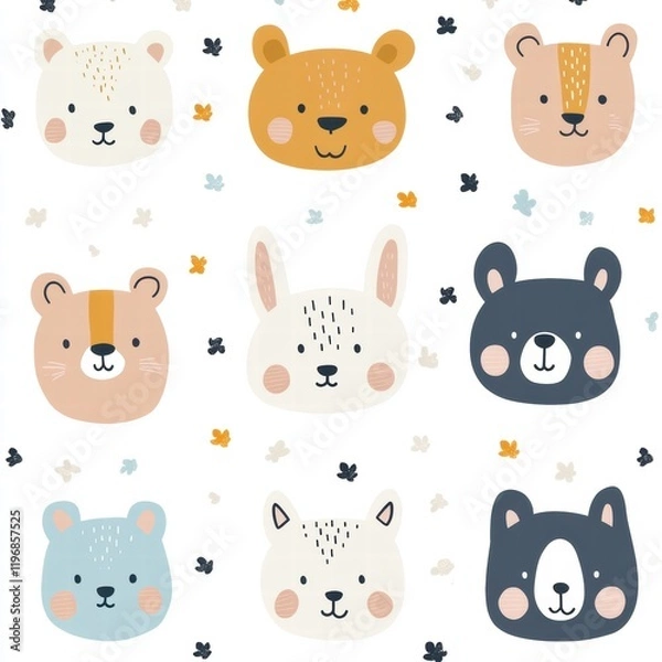 Fototapeta Cute animal faces illustration with colorful designs featuring bears and rabbits in a playful arrangement. Generative AI