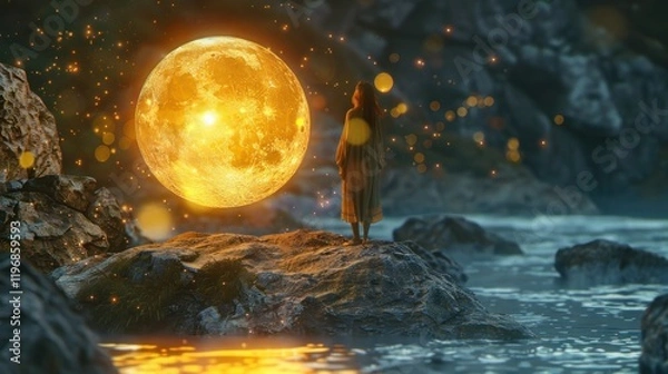 Fototapeta A woman stands on a rock. There is a yellow globe floating in the air. It is beautiful and colorful.
