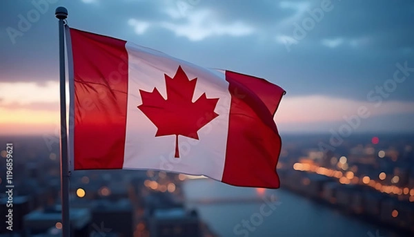 Fototapeta  Canadian Flag at Twilight with Cityscape