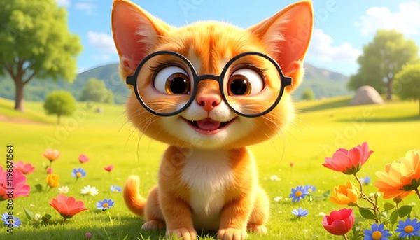 Obraz Cartoon style of a cute smiling cat wearing glasses surrounded by flowers in a sunny meadow