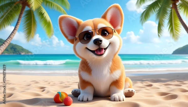 Obraz Cartoon style of a funny corgi dog wearing sunglasses on a sunny beach