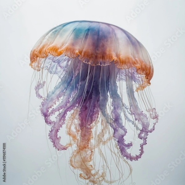 Fototapeta A dreamy jellyfish with soft pastel tentacles flowing like watercolors on a pristine white background.