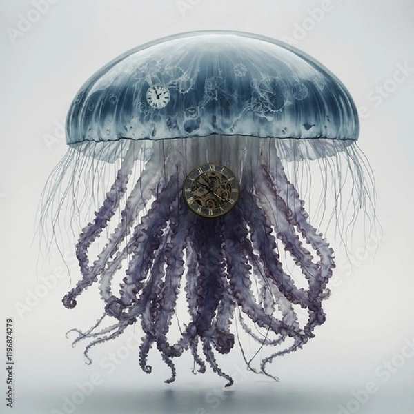 Fototapeta A surreal jellyfish with clock faces embedded in its body, representing the passage of time on a white backdrop.