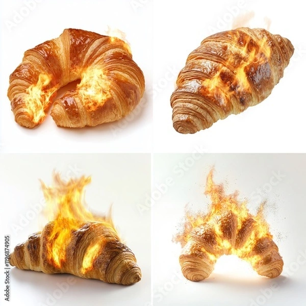 Fototapeta Four flaming croissants on white background.