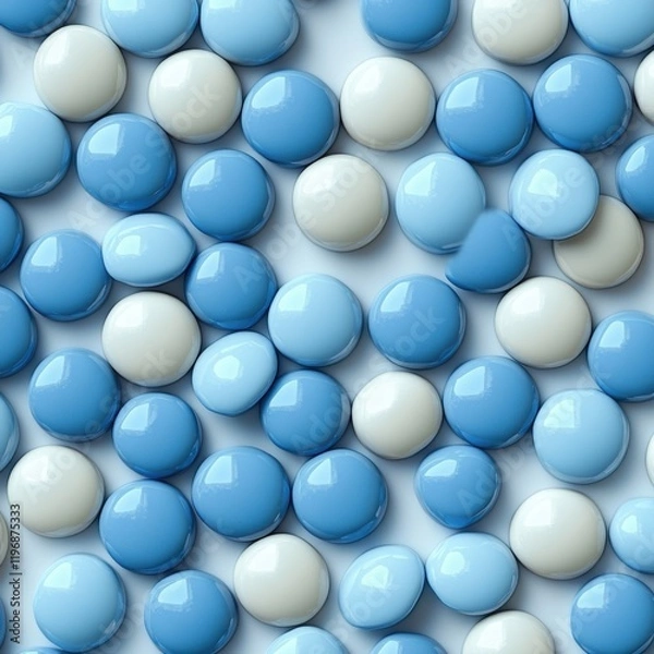 Fototapeta Various Perfectly Arranged Round Glossy Buttons in Light Blue, Dark Blue, and White Colors on a Soft Background for Creative Design Use
