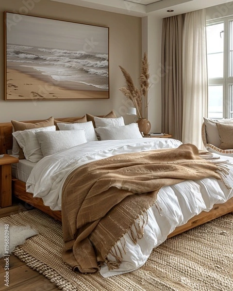 Fototapeta Cozy bedroom with beige tones and natural decor elements.