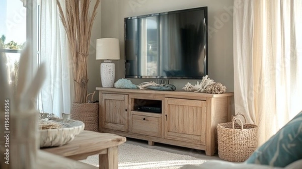 Fototapeta A beachy TV setup with a driftwood-inspired console, ocean-toned accents, and light linen curtains. 