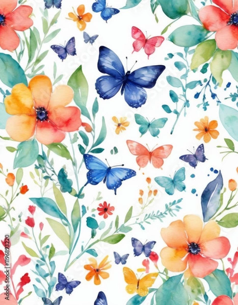Fototapeta Dynamic spring pattern, vibrant flowers, fresh leaves, and butterflies, saturated colors, seamless design, capturing the lively energy of blooming nature and sunny days.