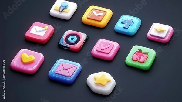 Fototapeta Glossy 3D Icons: A Set of Vibrant and Shiny Digital Symbols