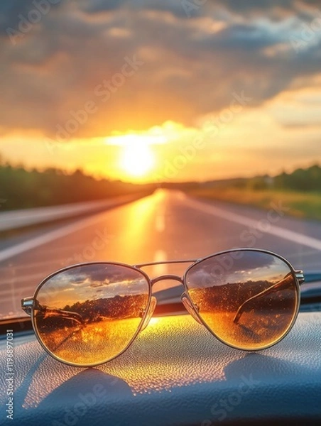 Fototapeta Sunset reflection on sunglasses with open road in background during golden hour. Generative AI