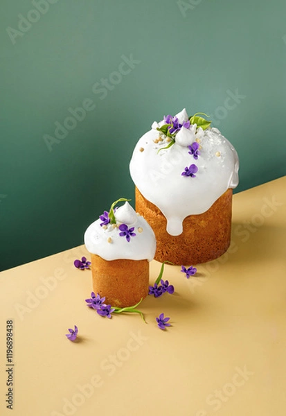 Fototapeta Easter Paska with White Icing and Violet Flowers on a Green and Yellow Background