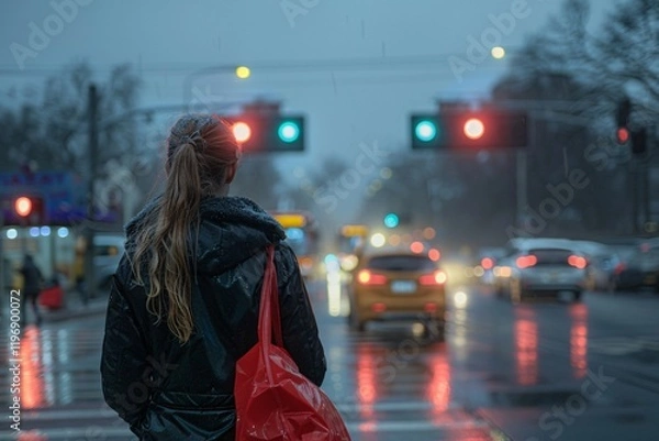 Fototapeta A young person with long hair stands under light rain, holding a red bag. The surroundings are blurry with oncoming cars and illuminated traffic signals, highlighting the evening ambiance