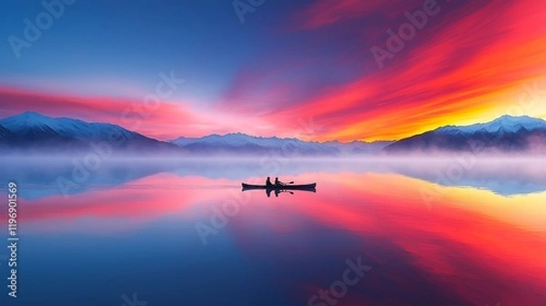 Fototapeta Serene Lakeside Scene with a Couple Sharing a Peaceful Moment in a Kayak Under a Colorful Sunset Reflected on the Calm Water Surface