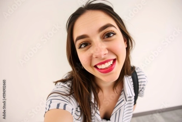 Fototapeta High-angle perspective, long exposure photograph of a young woman with a playful expression and bold lipstick, looking down against a neutral background.  Motion blur or light trails are captured, hig
