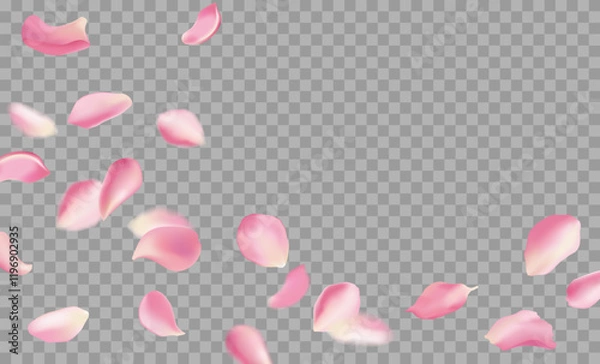 Fototapeta Red rose and cherry blossom falling sakura petals on fake transparent background, isolated special effect. Vector illustration in eps format. Elements for Valentine's Day, Mother's Day, March 8. Love.