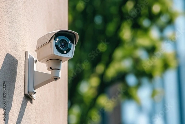 Fototapeta Security camera mounted on a building wall, capturing surrounding area in daylight