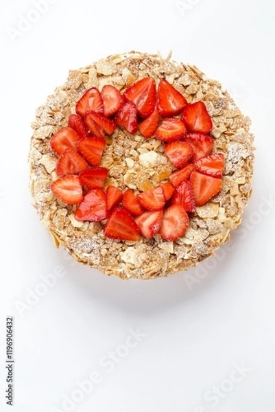 Fototapeta Top view of a Crunchy Almond & Strawberry Delight Cake