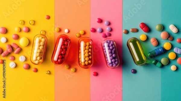 Fototapeta A vibrant array of health supplements and medications displayed artistically against colorful backgrounds, highlighting their shapes and colors
