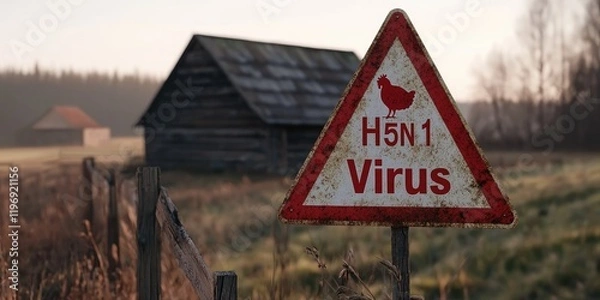 Obraz Avian Flu monitoring concept. A warning sign for H5N1 virus stands in a rural setting, alerting to the presence of avian influenza near a weathered barn and field.