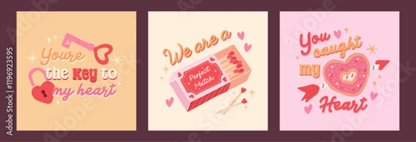 Obraz Collection of Sweet Love Season and Valentines typography quote of match, key and donut vector illustration
