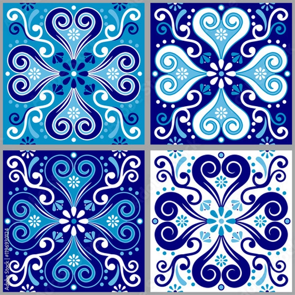 Obraz Lisbon style Azulejo tile seamless vector navy blue pattern, elegant decorative design inspired by art from Portugal with floral and geometric motif
