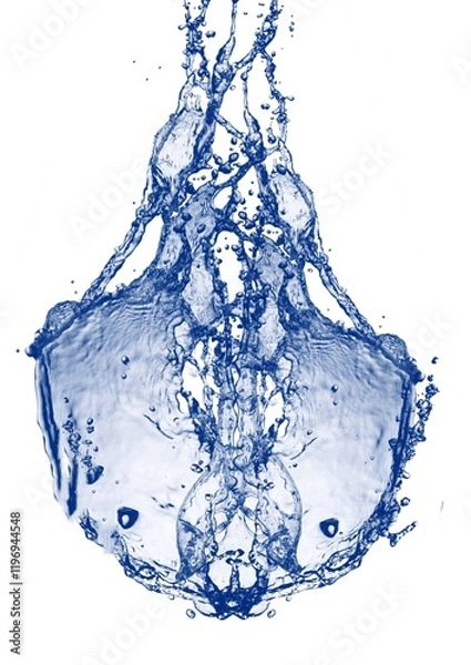 Fototapeta 白い背景に流れる抽象的な青い波と水しぶきの3dイラスト