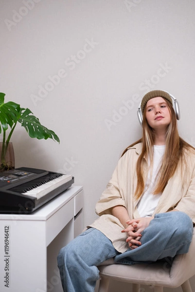 Fototapeta Young woman playing electronic piano at home. A red-haired girl learns to play the synthesiser.
