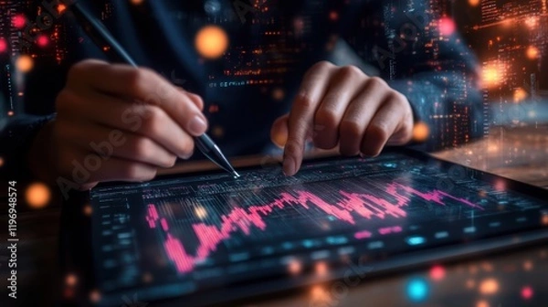 Fototapeta Professional Working on Tablet Viewing Cryptocurrency Data Analysis