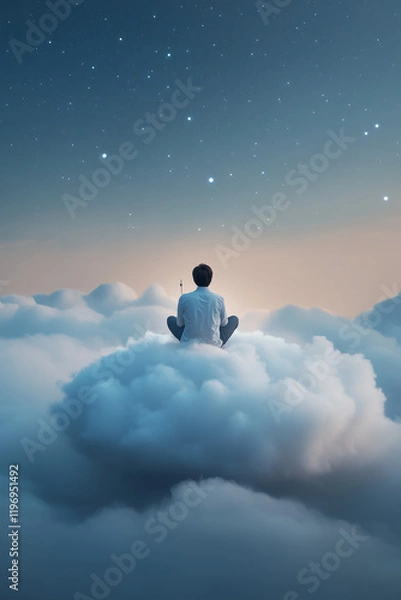 Fototapeta A serene and dreamy image of a person sitting on a cloud under a starry sky, engaging in creative activities like sewing or crafting stars set against a magical and celestial backdrop