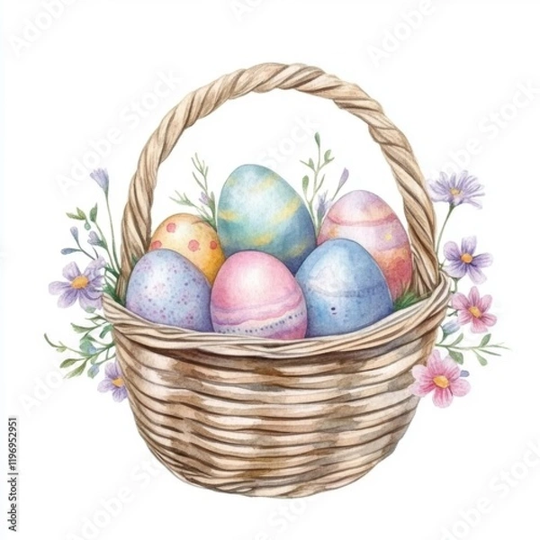 Fototapeta A wicker basket with dyed eggs and decorated with flowers. Easter illustration