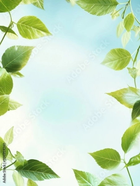 Fototapeta Fresh green leaves framing a soft blue background with ample space for text placement. Generative AI