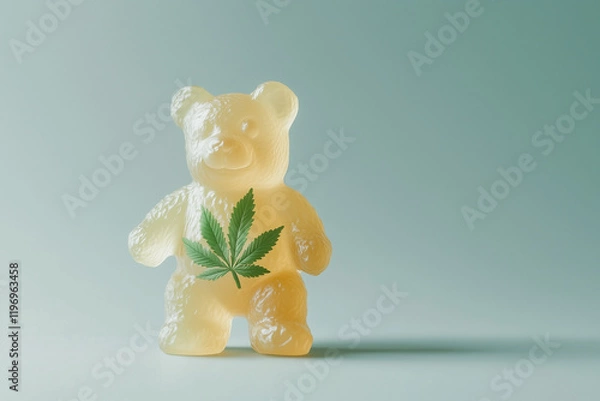 Fototapeta close-up of a translucent gummy bear with a cannabis leaf design on its chest, set against a soft pastel background