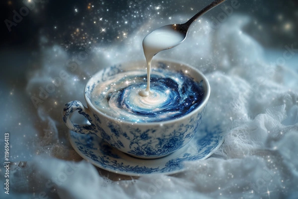 Fototapeta A magical cup of coffee with swirling galaxy-like patterns created by pouring milk, surrounded by sparkling lights, served in a vintage porcelain cup on a saucer