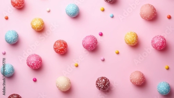 Fototapeta Colorful Candy Balls and Sprinkles on a Pink Backdrop for a Sweet and Playful Dessert Theme