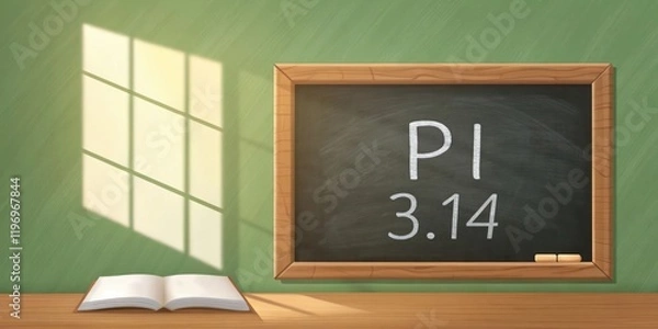 Fototapeta Chalkboard displaying Pi symbol and value 3.14 with a book on a wooden table in a classroom
