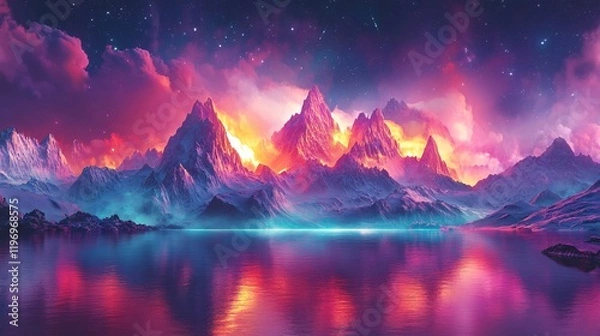 Fototapeta A fantastical mountain range glowing with luminous candy-colored peaks and radiant skies