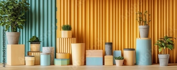Fototapeta A vibrant display of potted plants in colorful containers against striped walls, creating a fresh and cheerful atmosphere.